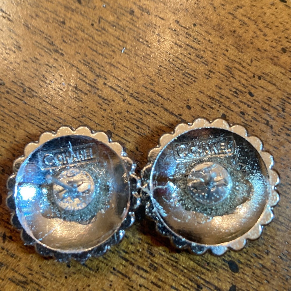 Chanel Earrings,stamped buttons turned into Silver-Tone Earrings, rhinestones - Picture 5 of 9